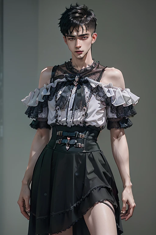 Young man wearing long green dress, full body , off shoulder, thick thighs, wide hips, thin and narrow weist, long legs, very small spikey boyish haircut, hot man,hot male , hot man, hot male , bearded, HD, clear image, clear face , hot man , hit male , young man