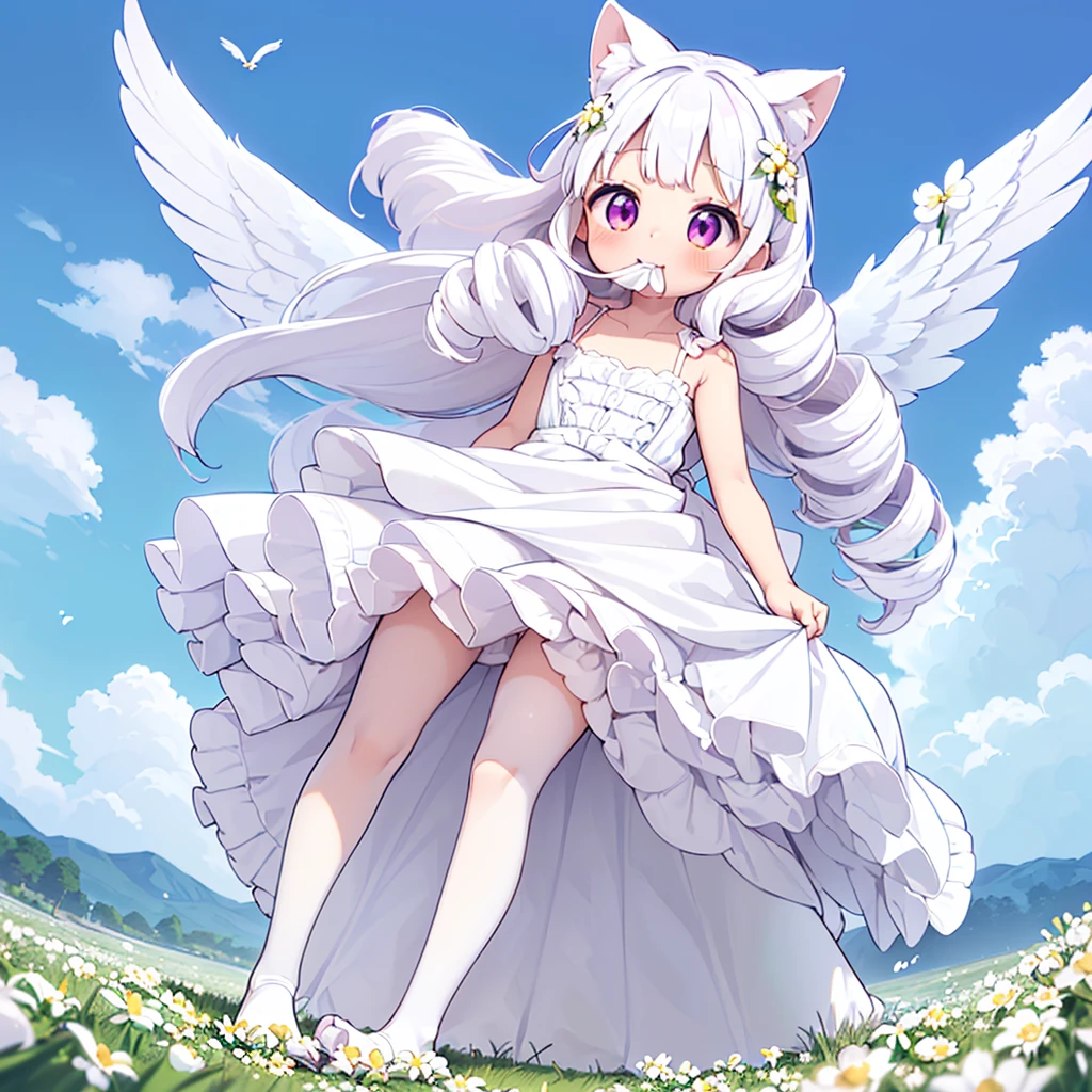 ((One girl)), (Standing diagonally facing forward:1.2), (Slightly bulging chest), (Slightly healthy tanned skin on face), (reddish-purple eyes, (mouth open with joy:1.5)
BREAK
(White cat ears:1.2), Inside the cat ears is paw-colored,
BREAK
(Pure white hair:1.6), (Softly curled pure white hair:1.6), (The hair under the cat ears behind the side hair flows forward and curls strongly on the collarbone:1.6), (Other hair is devided into several strands:1.6), (divided into several drill hair:1.4), (Hair weighs on her shoulders:1.6), (mideum length hair press down on her shoulders:1.6),
BREAK
(Pure white wings on upper body:1.2), (straight wings:1.3), (wings are small and short like a baby bird:2.0),
BREAK
(simple dress made entirely of white:1.5), (dress with slightly exposed shoulders:1.1), sleeveless, (waist tied with string:1.3), (plenty of gathers below the waist:1.4), (dress reaches the knees:1.6), petticoat is white or absent,
BREAK
(wide green grassland:1.6), (lots of white flowers:1.6), (wide clear blue sky:1.4)