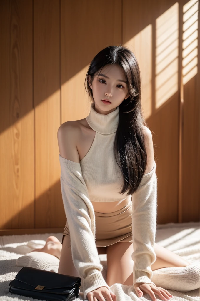 (Tit, Turtleneck Knit, Shoulder Bag), (Top Quality, Masterpiece: 1.3, Ultra High Resolution,), (Ultra Detail, Caustics), (Photoreal: 1.4, RAW Shooting,) Ultra Realistic Capture, Highly Detailed , High resolution 16K like human skin, natural skin texture, skin tone looks even and healthy, uses natural light and color, 1 female, 25 years old Japanese, cute, Black hair, long hair, (depth of border notation, chromatic aberration, wide lighting range, natural shading,), (hair swaying in the wind: 1.2), room, crawling on all fours, massage costume, exposed skin, short skirt,