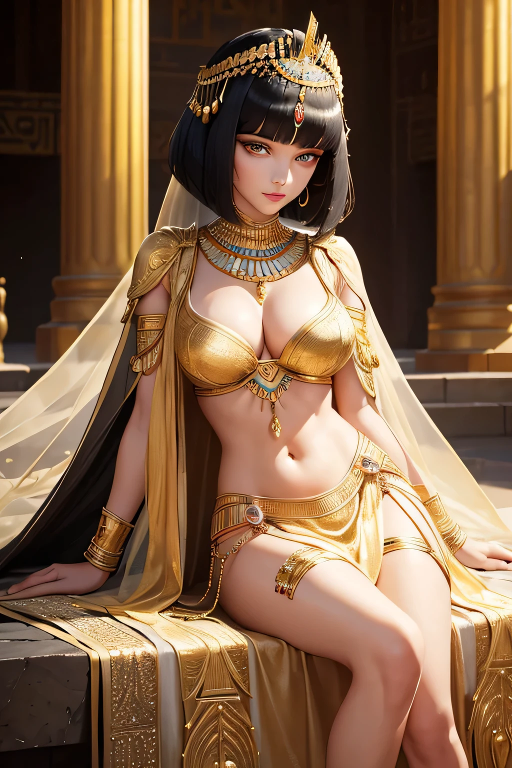 Create an image of Cleopatra, the iconic Egyptian queen. She should be depicted with her characteristic beauty and elegance. Cleopatra is adorned in a luxurious golden headdress with intricate designs, matching gold jewelry, and an elaborate white and gold dress that highlights her royal status. She should have striking makeup, including kohl-lined eyes, emphasizing her regal and captivating gaze. The background should feature elements of ancient Egypt, such as the Nile River, pyramids, or a palace with opulent decorations, to set the historical context.(((bob haircut)))
