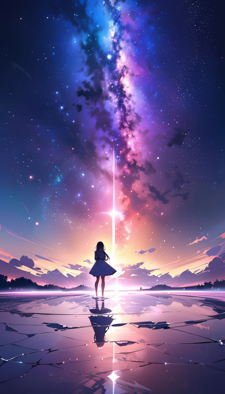 ((Highest quality)), ((masterpiece)), ((Ultra Wide Angle)),night,woman、,Standing on a salt lake,The water surface is like a mirror,Reflecting the sky。Look at the sky,The Milky Way is in the sky,cherry blossoms,cherry blossoms並木,ピンクのcherry blossoms,cherry blossomsの巨木