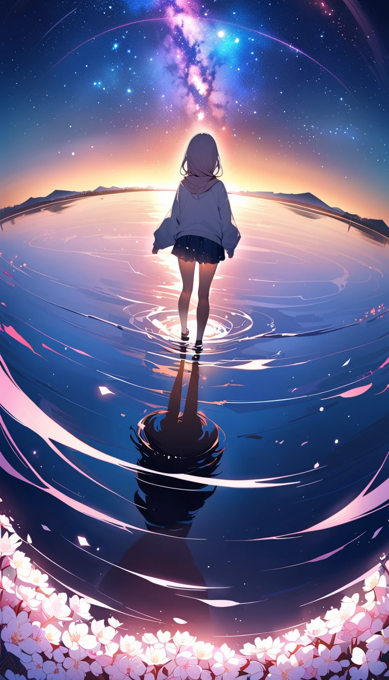 ((Highest quality)), ((masterpiece)), ((Ultra Wide Angle)),night,woman、,Standing on a salt lake,The water surface is like a mirror,Reflecting the sky。Look at the sky,The Milky Way is in the sky,cherry blossoms,cherry blossoms並木,ピンクのcherry blossoms,cherry blossomsの巨木