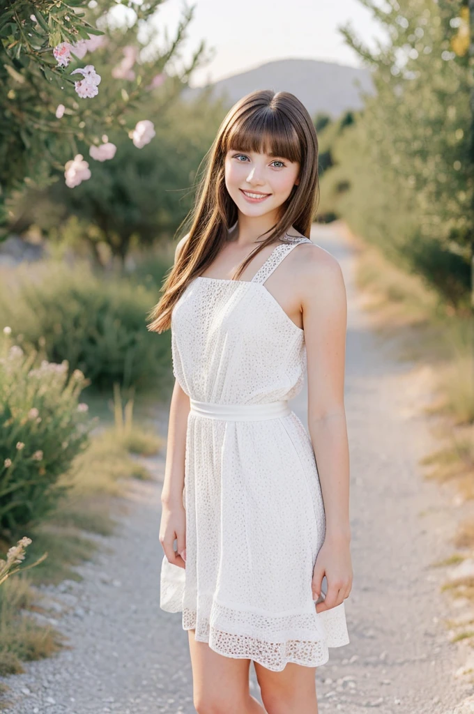 A very pretty brunette 22 years old, bangs hairstyle, freckles, beautiful eyes, great smile, white slim dress, standing in street in Greece, length of field, blurry background, professional photography