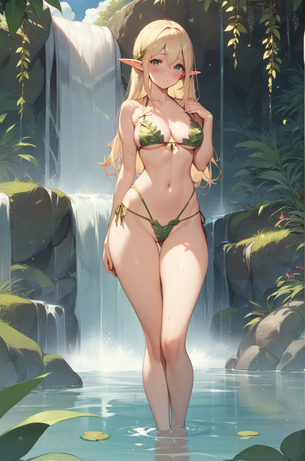 Masterpiece, best quality, 1girl, sexy elf, small leaf bikini, large hips,, busty, standing under a waterfall, lake, sunny , blonde hair, blushing