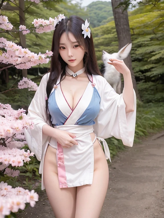 Young asian girl, very long black hair, until the hip, Brown eyes, white fox tail, with a white kimono, with pink cherry blossoms, happy, in a japanese forest, with blue magic in his hands