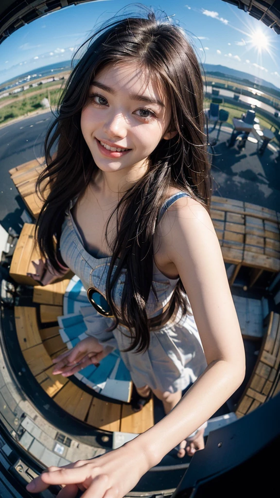Highest quality, masterpiece, Ultra-high resolution,8K, (Realistic:1.6), (Facing portraits) RAW Photos, 1 Girl,(Full of smiles, Showing teeth)), 22 years old,((Korean Idol Karina Fashion)), all nude)),((Straight black hair long hair)),((Black hair fluttering in the wind)),((Looking up at the audience)),Face Focus:1.4,((Photographed from above with a fisheye lens:1.4)),((Background of airplane trails shining against the blue sky)), Image Media Chest)),((Smiling with teeth showing)),