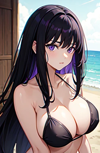 Check it out, Long Hair, bangs, Black Hair, (Purple eyes:1.2), bikini, Beach,Big Breasts