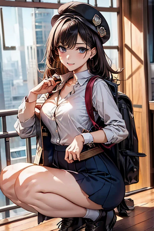 (masterpiece), ((Highest quality)), (masterpiece,Highest quality,Official Art,Highly detailed CG Unity 8K wallpapers)、Beautiful Japanese Woman、Detailed face、Smooth Skin、"High school girl in a futuristic uniform。Wearing a monochrome tight-fitting blazer、Metallic buttons and school crest on left chest。Below is the、He is wearing a clean white shirt with hidden buttons.、The collar and cuffs have thin lines。The skirt is a knee-length A-line skirt.、Does it have the same simple stripes as the blazer?、You may be wearing tight-fitting straight pants of the same pattern.。Shoes must be black or dark grey sneakers、Includes silver accents。As an accessory、A tie or ribbon in school colors、Lightweight and multifunctional backpack with reflectors、We also have caps and berets that can be used during extracurricular activities.。The material of the uniform is temperature regulating、Antifouling、Has antibacterial properties。"