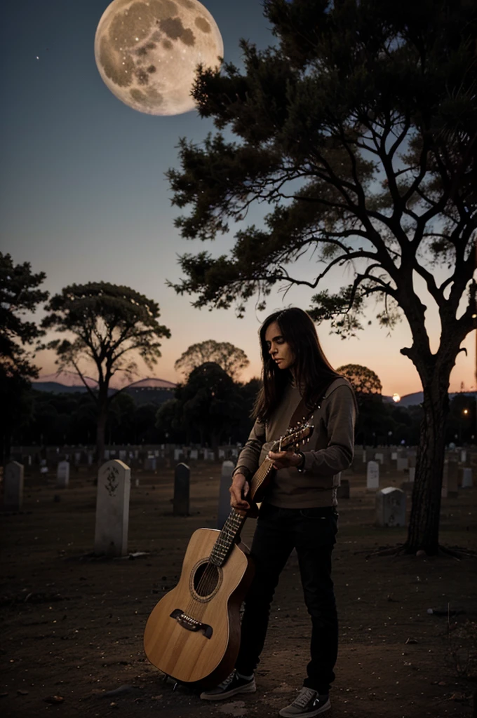 human skull. standing on the grave. playing the guitar. evening. full moon. there are dry trees. photo from afar.