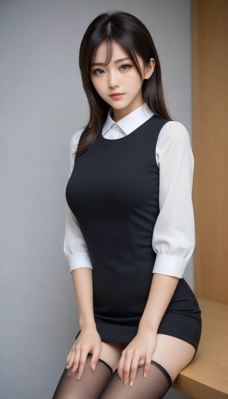 8k, Ultra-high resolution, Highest quality, masterpiece, 三分割法によるphotograph,Surreal, photograph, 1 Girl, (16 years old:1.3), pretty girl, Cute Face, Beautiful eyes in every detail, 細かくdetailedに,masterpiece,One Girl:1.2,Japan Female Teachers,full body,sad,streaming tears,Black short hair,Messy bun hair,(black suit:1.3),Nun's clothing,Black Pencil Skirt,Standing with slightly open legs,(印象派の美しい少女のPortraiture), (Gray background:1.3),(Impressionist light and colour),Dedication to God,Black Stockings,Stiletto pumps,Realistic Skin, Perfect and beautiful face ,完璧でCute Face, Skin with attention to detail, Perfect limbs、Narrow waist,Looking at the audience、beauty,Long neck,clavicle,(((Ideal body type))),A cup small breasts :2,Portraiture:2,Perfect ???????,鮮明なdetailed,detailed,Surreal,Light and shadow,spotlight