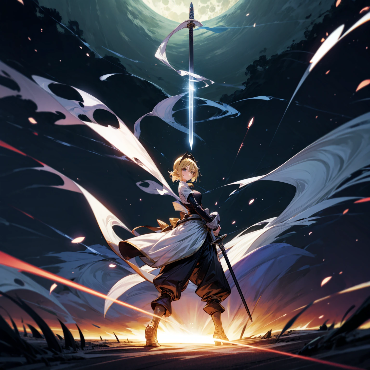1girl, Full body version, 1character, black eyes, long Frizzy haircut, blonde colour hair, soldier knight clothing, long pants, headband, armors, boots, Grassroots, full background in field, motion blur, lighting, (one piece art), standing poses, sword in hand, lighting effect on sword, lighting blue on sword, fire effect, plasma effect, smoke effect moon, Moonlight, high angle view