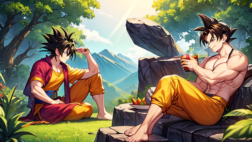A wide, lush clearing on an unknown planet, surrounded by tall trees with vibrant leaves reflecting the alien sunlight. In the sky, two twin suns shine brightly, tinting the horizon in shades of gold and orange. In the background, majestic mountains rise, their slopes covered in exotic vegetation.
Characters:
Goku: Dressed in his classic orange and blue gi, barefoot, laughing loudly. His spiky black hair and warm aura exude a sense of pure joy. He is holding a large metal mug filled with a foamy alien beverage, about to make a toast.
Vegeta: Wearing his blue and white battle armor, with a slightly serious expression but a discreet smile on his lips. His arms are crossed over his chest, and he is leaning against a large rock, watching the with an approving look.
Broly: Imposing and muscular, wearing his Saiyan warrior outfit with a billowing red cape. He is in a relaxed position, sitting on a tree trunk while devouring a large piece of alien meat. His expression is one of contentment and amusement.