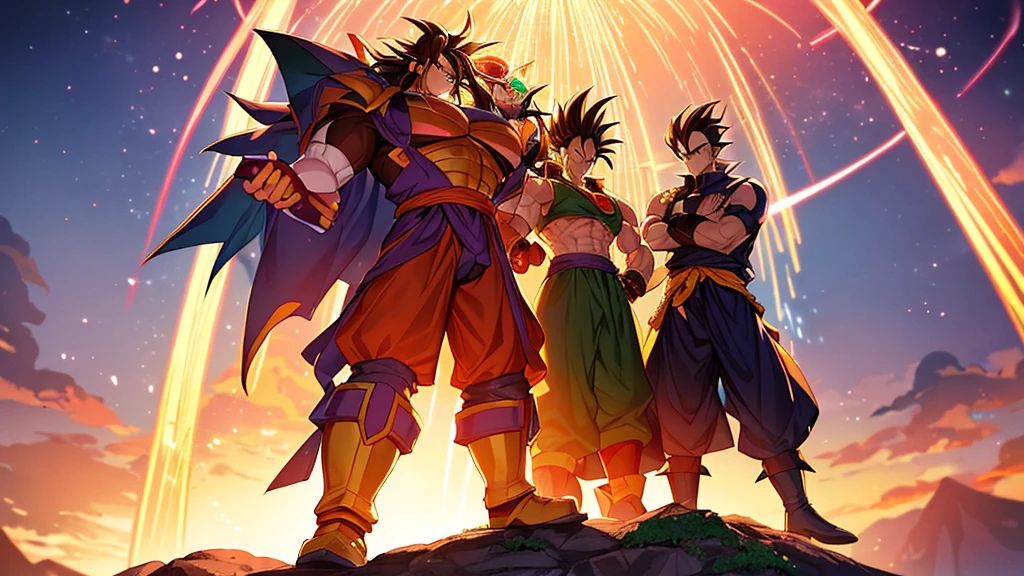 A wide, lush clearing on an unknown planet, surrounded by tall trees with vibrant leaves reflecting the alien sunlight. In the sky, two twin suns shine brightly, tinting the horizon in shades of gold and orange. In the background, majestic mountains rise, their slopes covered in exotic vegetation.
Characters:
Goku: Dressed in his classic orange and blue gi, barefoot, laughing loudly. His spiky black hair and warm aura exude a sense of pure joy. He is holding a large metal mug filled with a foamy alien beverage, about to make a toast.
Vegeta: Wearing his blue and white battle armor, with a slightly serious expression but a discreet smile on his lips. His arms are crossed over his chest, and he is leaning against a large rock, watching the party with an approving look.
Broly: Imposing and muscular, wearing his Saiyan warrior outfit with a billowing red cape. He is in a relaxed position, sitting on a tree trunk while devouring a large piece of alien meat. His expression is one of contentment and amusement.