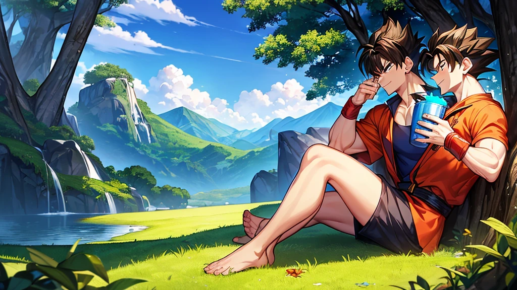 A wide, lush clearing on an unknown planet, surrounded by tall trees with vibrant leaves reflecting the alien sunlight. In the sky, two twin suns shine brightly, tinting the horizon in shades of gold and orange. In the background, majestic mountains rise, their slopes covered in exotic vegetation.

Characters:

Goku: Dressed in his classic orange and blue gi, barefoot, laughing loudly. His spiky black hair and warm aura exude a sense of pure joy. He is holding a large metal mug filled with a foamy alien beverage, about to make a toast.

Vegeta: Wearing his blue and white battle armor, with a slightly serious expression but a discreet smile on his lips. His arms are crossed over his chest, and he is leaning against a large rock, watching the party with an approving look.

Broly: Imposing and muscular, wearing his Saiyan warrior outfit with a billowing red cape. He is in a relaxed position, sitting on a tree trunk while devouring a large piece of alien meat. His expression is one of contentment and amusement.