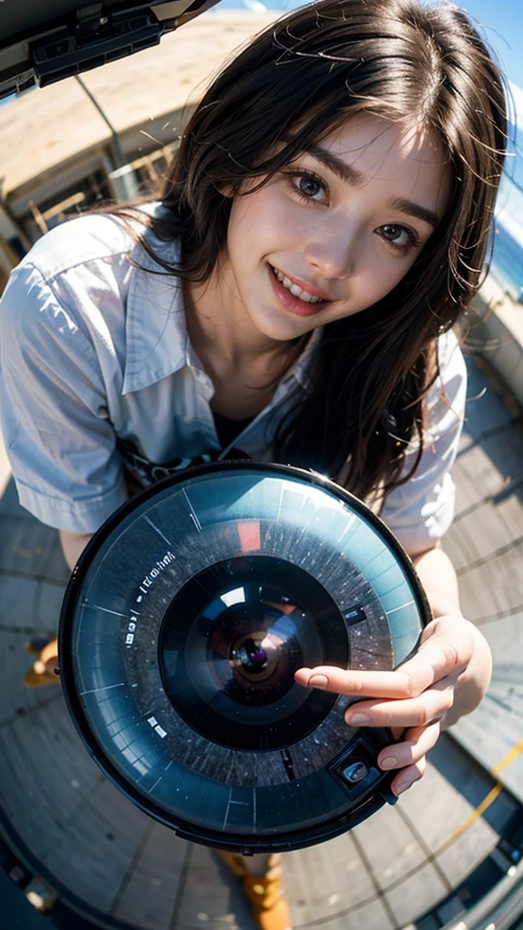 Highest quality, masterpiece, Ultra-high resolution,8K, (Realistic:1.6), (Facing portraits) RAW Photos, 1 Girl,(Full of smiles, Showing teeth)), 22 years old,((Korean Idol Karina Fashion)), all nude)),((Straight black hair long hair)),((Black hair fluttering in the wind)),((Looking up at the audience)),Face Focus:1.4,((Photographed from above with a fisheye lens:1.4)),((Background of airplane trails shining against the blue sky)), Image Media Chest)),((Smiling with teeth showing)),