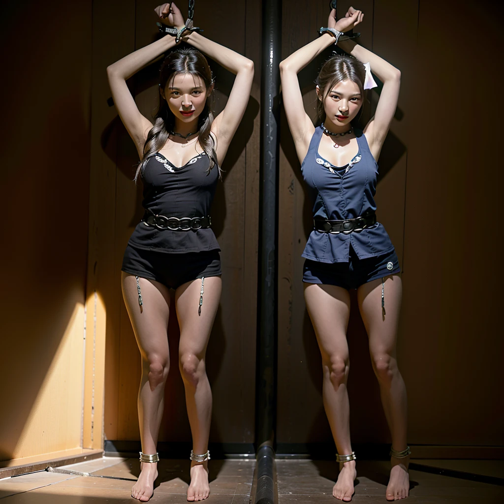 (((short-torsoed Japanese girls tied up by chain,arms up))), natural front lighting, ultra sharp focus, braided twin hair, large eyes with long eyelashes and double eyelids, dynamic angle,red lip,smile, (huge breasts), (full body shot:2), (slender waist),(thin long legs), wearing nurse uniform