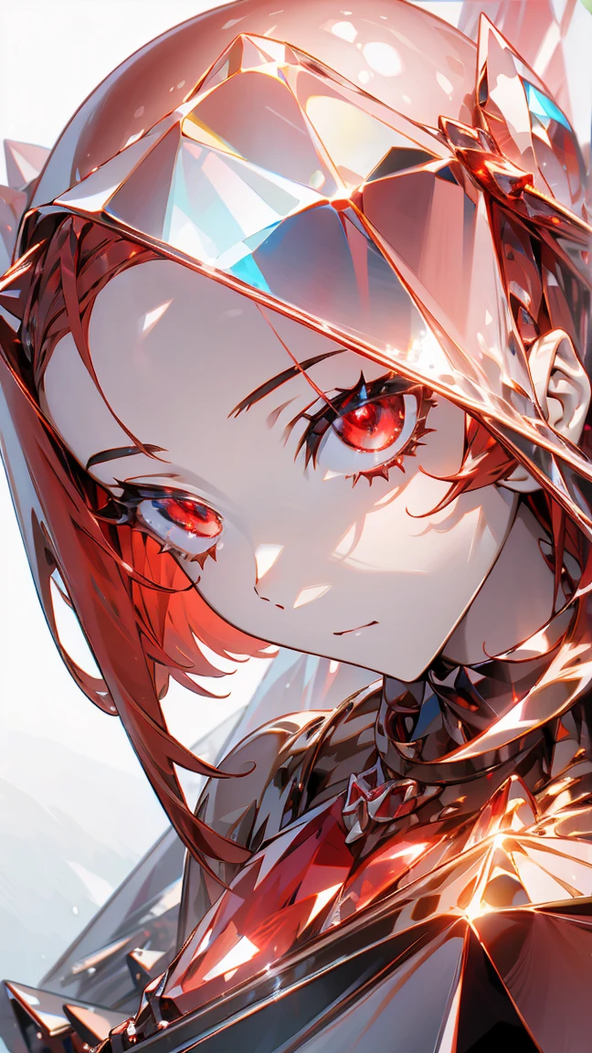 closeup red chrystal sculpture of beautiful female humanoid figure, (glowing red eyes), (chrystal skin), (red chrystal hair), statue, (no human)