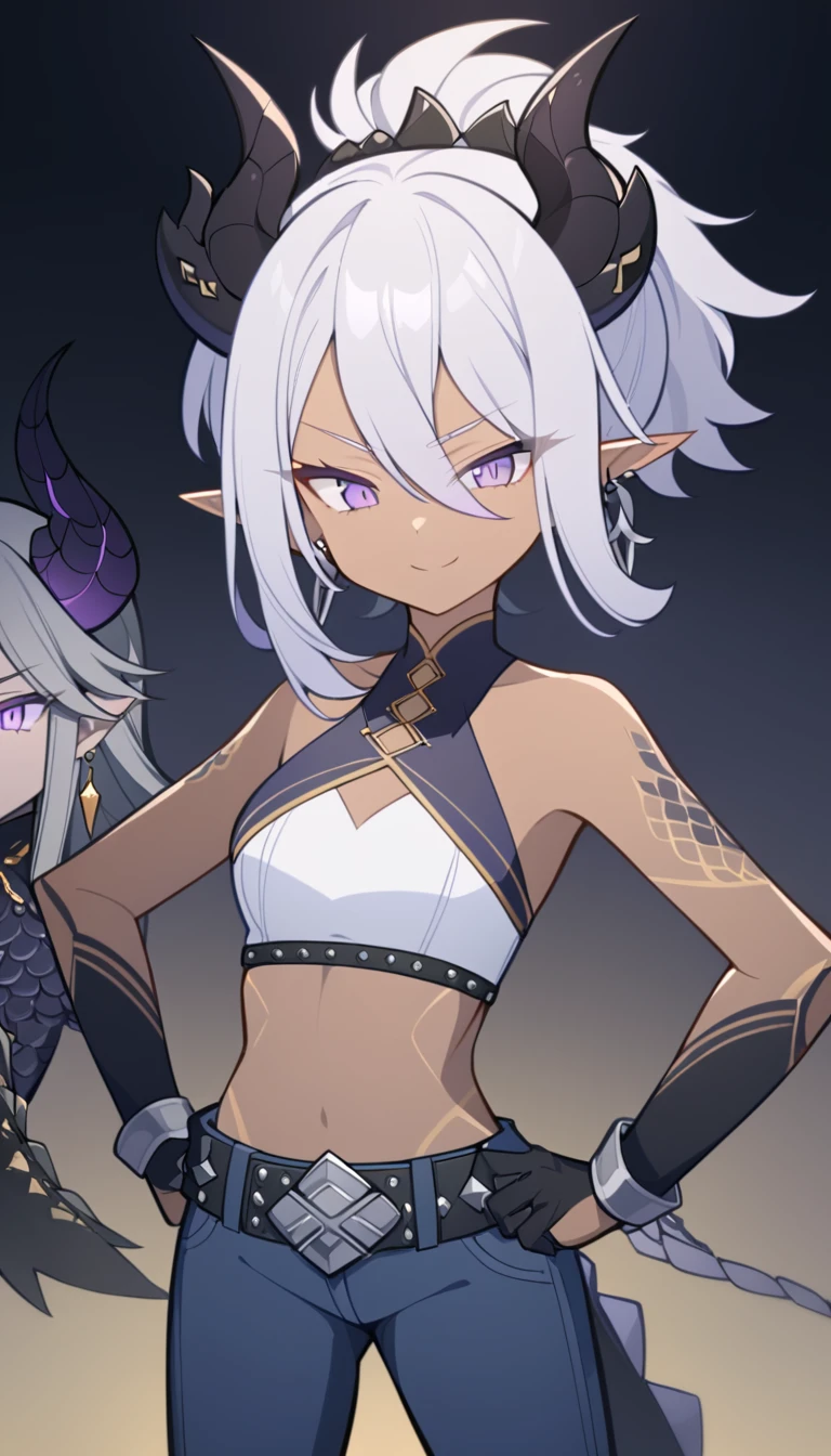 Dark-skinned tomboyish woman, black dragon horns on head, short puffy silver hair, violet eyes, long pointy ears, dragon scales on body, gold earrings, calm smirk, white cropped halter top, dark blue jeans, black and silver studded belts, jean chains, hands on hips, powerful pose, dark gradient background, detailed face, 1girl