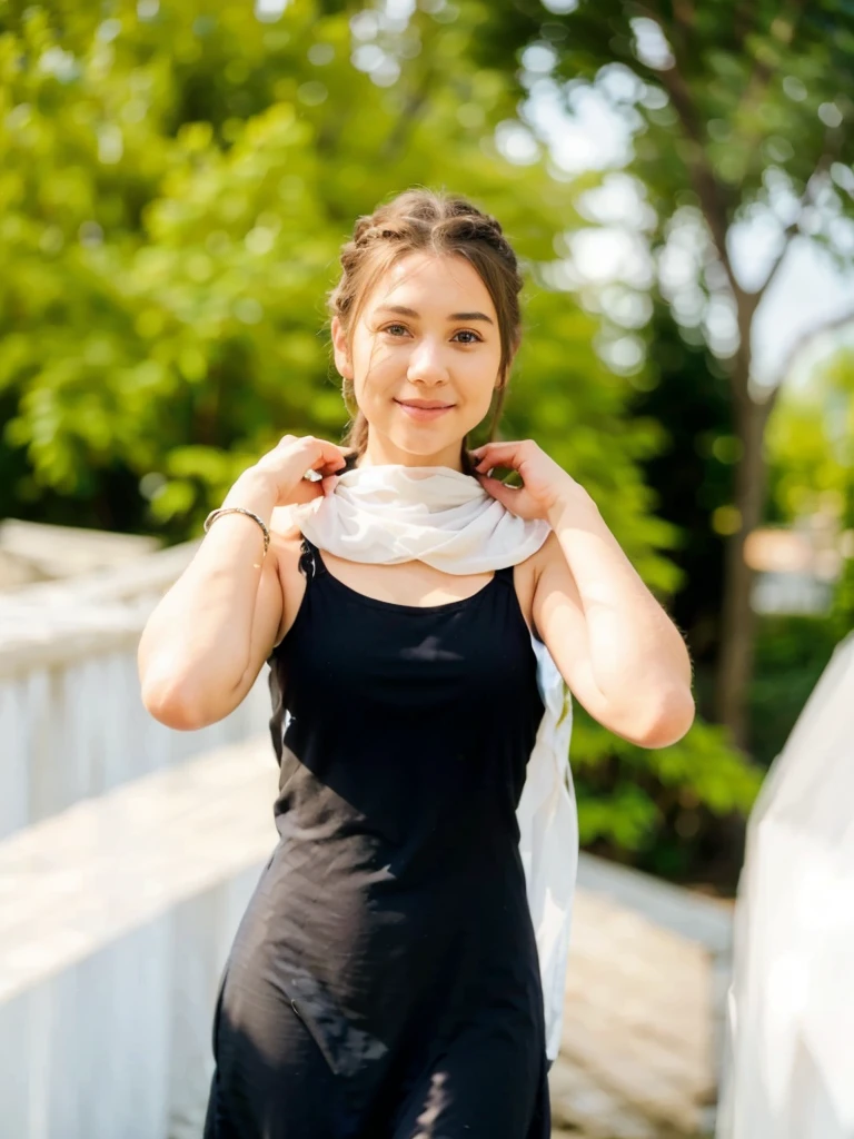 A young woman wearing a black sleeveless dress stands outdoors, holding a sheer white scarf around her neck. She has a subtle smile and her hair is styled in a neat braid. The background features blurred greenery, suggesting a sunny day. The image conveys a sense of elegance and confidence.