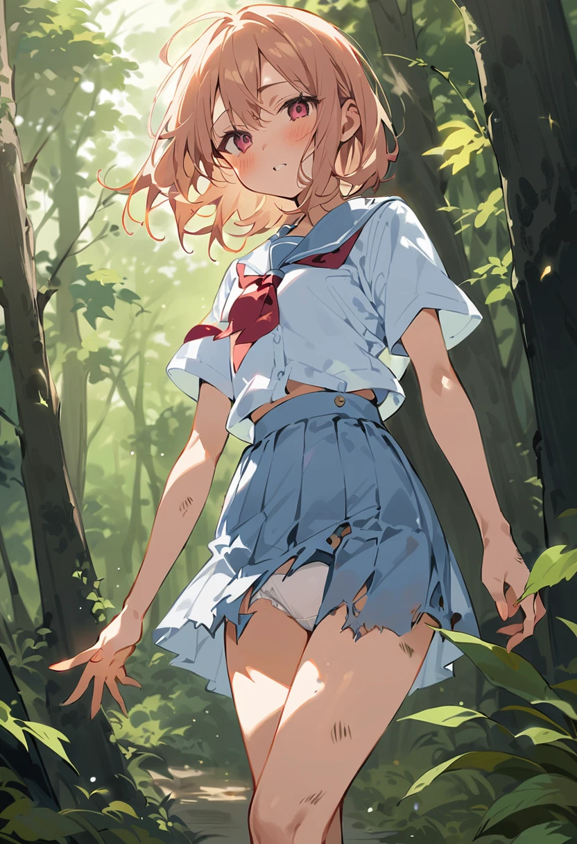 beautiful detailed girl,(masterpiece,best quality,extremely detailed:1.2),((cowboy shot:1.1)),(solo,,kawaii,slender,small breasts:1.25),(pained look:0.8),((white underwear:1.15) in (Torn school uniform):2),(dirty:2),blush,shy,weep,standing,(deep forest:1.5),(hug:0.4),rating: general, newest,Sexy face