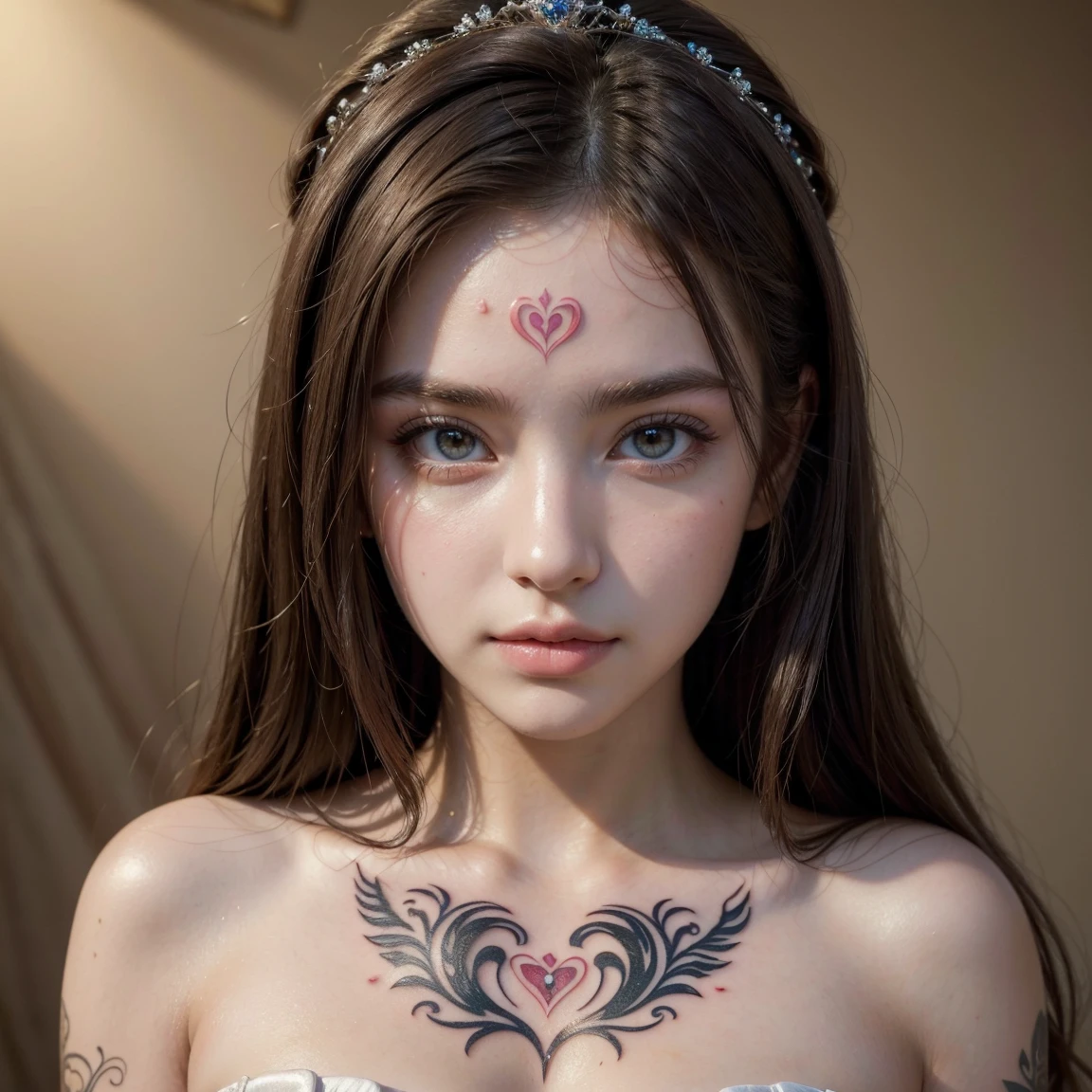(masterpiece, best quality:1.5), ultra detailed, high resolution, 16k, the most beautiful face in the world, perfect face, delicate facial features, highly detailed beautiful face and eyes, shiny skin, her hair has a glossy shine, highly detailed background, elaborately designed, fine cloth texture, BREAK, (gorgeous and stunning teenage princess in gorgeous and luxurious princess dress:1.2), perfect make-up, eyeshadow, lash extensions, rouge, deeply in love, full of elegance, flower, bird, (face Heart-shaped tattoo:1.4)