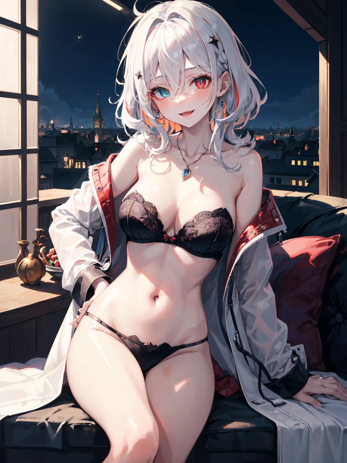 masterpiece, highest quality, (solo focus), (perfect face:1.1), (high detail:1.1),dramatic, 1girl, (pale skin), long white hair, white eyes, solo, long hair, moon, night, perfect breasts, white luxury suit, open suit, open jacket, exposed bra, strapless bra, adhesive bra, open coat, nude jacket, naked jacket, off shoulder, bare shoulder, perfect shoulder, detailed collarbone, perfect collarbone, bare neck, exposed belly, exposed waist, exposed hips, neckless, vampire, fangs, smile, pouty lips, covered, victorian city, detailed background, gothic renaissance, cinematic lighting, detailed iris, sparkle eyes, star in eyes, enchanting red eyes, (multicolored eyes), (shining dust), (heterochromia), (messy hair:1.3), (hair between eyes), (hair over one eye), (wavy hair:1.1), perfect legs