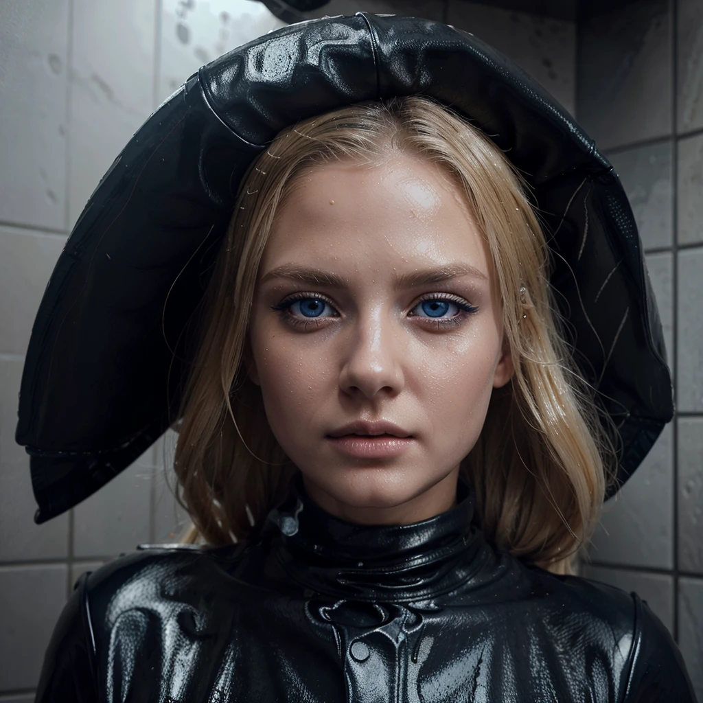 beautiful blonde girl with blue eyes in leather clothes getting wet in the shower,extremely detailed eyes and face,longeyelashes,photorealistic,beautiful detailed lips,8k,best quality,masterpiece,ultra-detailed,vivid colors,dramatic lighting,cinematic,dramatic pose,wet skin,water droplets,steam,moist environment