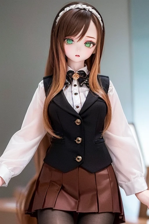 (SFW:2), photorealistic, realistic photo, 8k, ((highest quality)), ((masterpiece)), (extremely detailed), kukolnydom, doll, (mature woman, 21yo, 21 years old, solo:1.6), ((cowboy shot, dynamic pose, slim, slender, skinny, medium breasts, hairband, ascot, vest, blouse, long puff sleeves, pleated skirt, black pantyhose)), (green eyes, brown hair, long hair, plastic skin, looking at another, glass eyes, gradient eyes, shining eyes, detailed eyes:1.3)