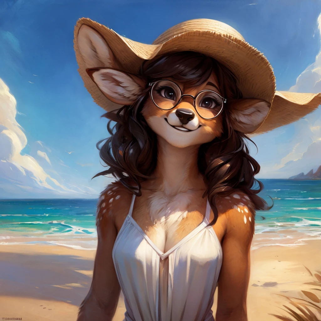 uploaded on e621, artstation, by Pixelsketcher, by Bayard Wu, by Thomas Benjamin Kennington , by Einshelm, by hioshiru and kenket, Chunie, portrait, solo anthro female deer doe, with small featureless breasts, clear dark blue, cinematic lighting, day, sunny day, beach, stays in the sea, sea background, mediterranean background, horizon background, shiny, short curly dark brown hair, wears big black nerd glasses, very very beautiful furry art, furry art, smiling, joyful, shiny, happy, feminine, cute face, muzzle, fluffy chest, flawless face, Fallow deer, 1girl, Sakimichan is beautiful, Masterpiece, Wavethesallow Face, shiny, Detailed image, portrait, Detailed image, portrait, full body, wearing wide, long, white blouse, wearing big and wide beige summer straw hat, shiny, realistic face, perfect anatomy, hourglass body, (furry body:1.1), anthropomorphic deer, looks at the viewer, small fluffy tail, detailed background, (cute anatomy:1.1), windy, smiling, very happy, happy