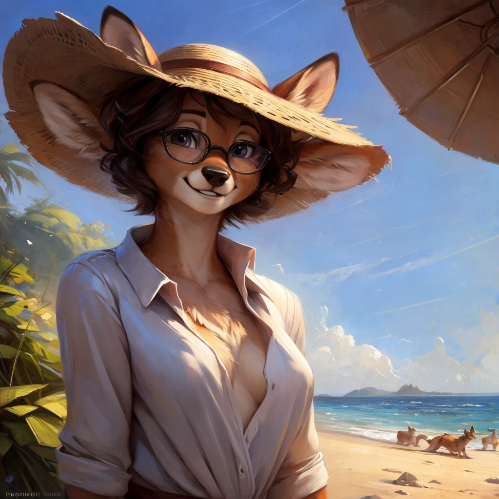 uploaded on e621, artstation, by Pixelsketcher, by Bayard Wu, by Thomas Benjamin Kennington , by Einshelm, by hioshiru and kenket, Chunie, portrait, solo anthro female deer doe, with small featureless breasts, clear dark blue, cinematic lighting, day, sunny day, beach, stays in the sea, sea background, mediterranean background, horizon background, shiny, short curly dark brown hair, wears big black nerd glasses, very very beautiful furry art, furry art, smiling, joyful, shiny, happy, feminine, cute face, muzzle, fluffy chest, flawless face, Fallow deer, 1girl, Sakimichan is beautiful, Masterpiece, Wavethesallow Face, shiny, Detailed image, portrait, Detailed image, portrait, full body, wearing wide, long, white blouse, wearing big and wide beige summer straw hat, shiny, realistic face, perfect anatomy, hourglass body, (furry body:1.1), anthropomorphic deer, looks at the viewer, small fluffy tail, detailed background, (cute anatomy:1.1), windy, smiling, very happy, happy