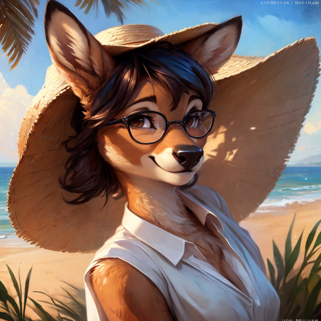 uploaded on e621, artstation, by Pixelsketcher, by Bayard Wu, by Thomas Benjamin Kennington , by Einshelm, by hioshiru and kenket, Chunie, portrait, solo anthro female deer doe, with small featureless breasts, clear dark blue, cinematic lighting, day, sunny day, beach, stays in the sea, sea background, mediterranean background, horizon background, shiny, short curly dark brown hair, wears big black nerd glasses, very very beautiful furry art, furry art, smiling, joyful, shiny, happy, feminine, cute face, muzzle, fluffy chest, flawless face, Fallow deer, 1girl, Sakimichan is beautiful, Masterpiece, Wavethesallow Face, shiny, Detailed image, portrait, Detailed image, portrait, full body, wearing wide, long, white blouse, wearing big and wide beige summer straw hat, shiny, realistic face, perfect anatomy, hourglass body, (furry body:1.1), anthropomorphic deer, looks at the viewer, small fluffy tail, detailed background, (cute anatomy:1.1), windy, smiling, very happy, happy
