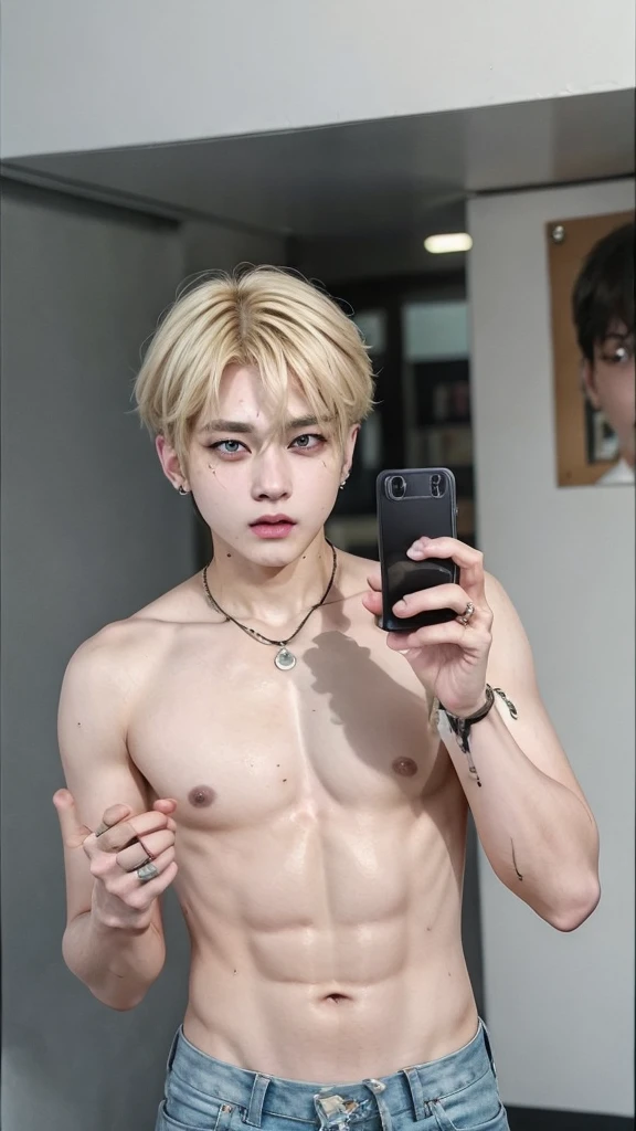 Taehyung blonde, holding an iphone 13 in hand, improve quality