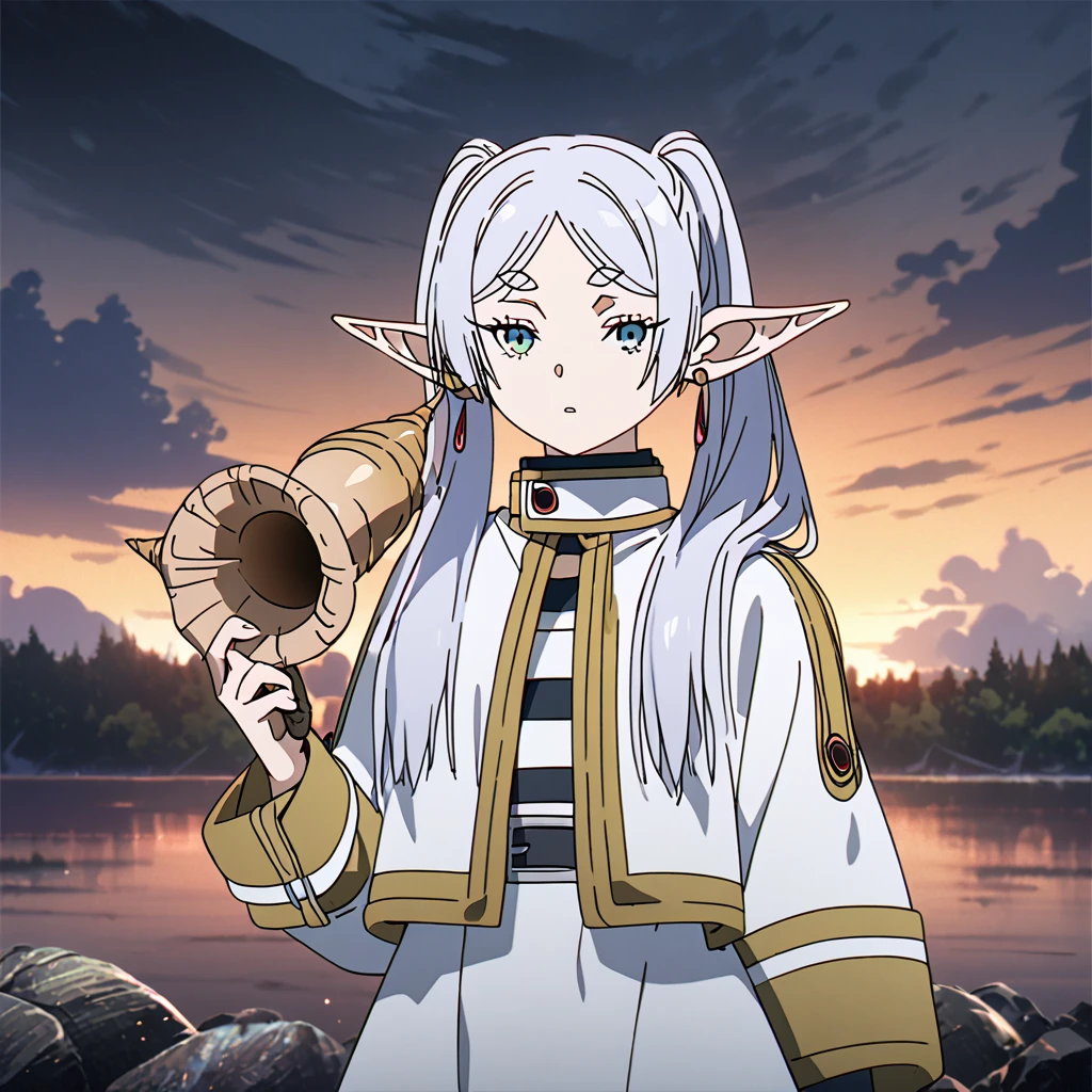 masterpiece, best quality, 4k、2D illustration, one beautiful girl, solo, frieren, pointy ears, elf, earrings, twintails, parted bangs, grey hair, thick eyebrows、((Serious Situations))、((serious face))、speaking something, ((long beautiful hair)), , standing, beautifully detailed eyes、((looking at viewer)), ((a conch shell (trumpet shell) in her hand)), ((sousou_no_frieren))、((close up shot))、((wilderness background))、((night))、((cloudy sky))、 