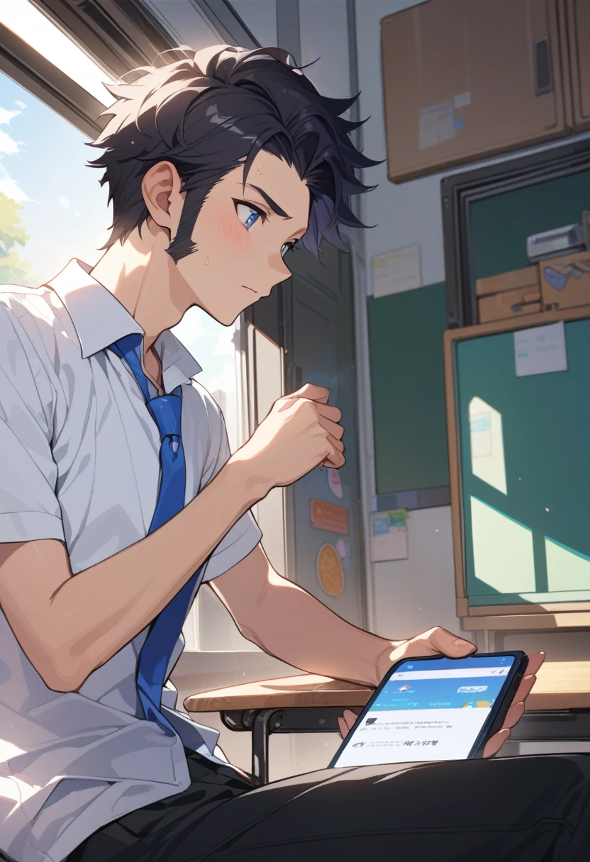 masterpiece, best quality, extremely detailed, ultra detailed, flat anime, 2D, ((1boy)),black hair, (short hair:1.5),blue eyes, height 1.7meters, (circle eyes:1.2), (young adult:1.2), Ear-length sideburns,height 1.7meters, High School Uniforms, white shirt, blue tie, ((short sleeves)), ((long pants)), sitting, closed mouth, thinking, upper body, summer, classroom, 11AM,looking at his smart phone., Operating a smart phone
