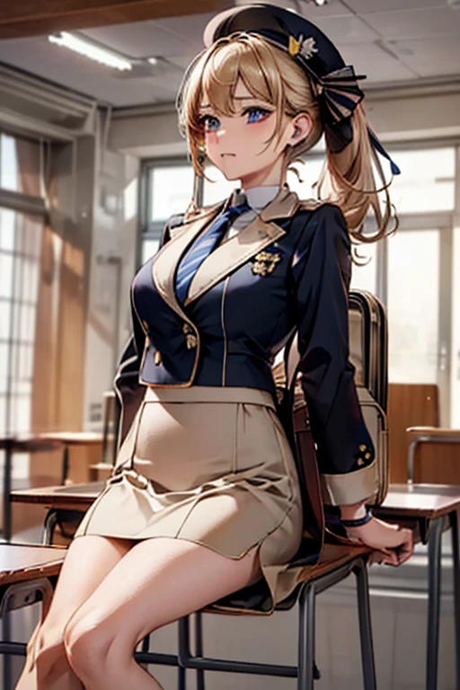 (masterpiece), ((Highest quality)), (masterpiece,Highest quality,Official Art,Highly detailed CG Unity 8K wallpapers)、Beautiful Japanese Woman、Detailed face、Smooth Skin、Big Breasts、(Side Ponytail:1.6、Blonde)、"High school girl in a futuristic uniform。Wearing a monochrome tight-fitting blazer、Metallic buttons and school crest on left chest。Below is the、He is wearing a clean white shirt with hidden buttons.、The collar and cuffs have thin lines。The skirt is a knee-length A-line skirt.、Does it have the same simple stripes as the blazer?、You may be wearing tight-fitting straight pants of the same pattern.。Shoes must be black or dark grey sneakers、Includes silver accents。As an accessory、A tie or ribbon in school colors、Lightweight and multifunctional backpack with reflectors、We also have caps and berets that can be used during extracurricular activities.。The material of the uniform is temperature regulating、Antifouling、Has antibacterial properties。"
