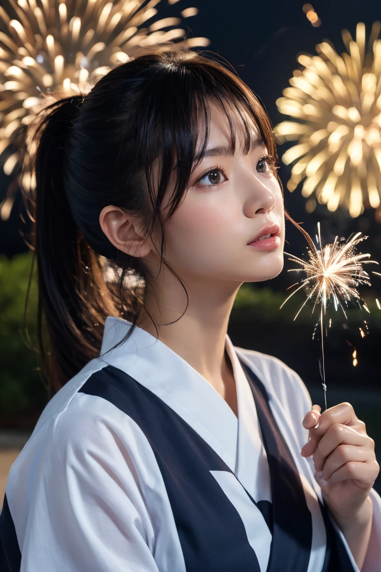 Highest quality, The finer details, (Beautiful single girl))), Highly detailed eyes and face, firework, yukata, looking up at firework, ponytail, Large tear bags, double eyelid