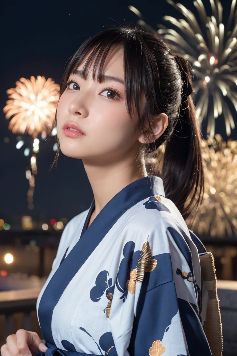 Highest quality, The finer details, (Beautiful single girl))), Highly detailed eyes and face, firework, yukata, looking up at firework, ponytail, Large tear bags, double eyelid