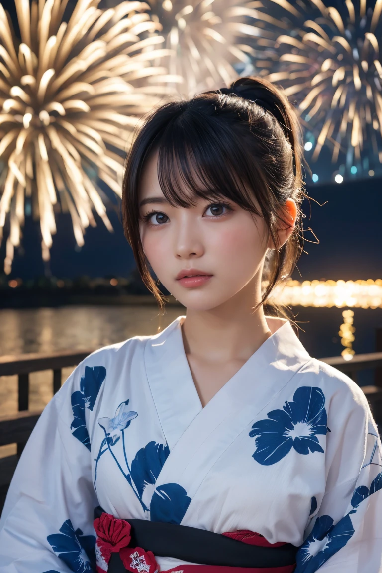 Highest quality, The finer details, (Beautiful single girl))), Highly detailed eyes and face, firework, yukata, looking up at firework, ponytail, Large tear bags, double eyelid