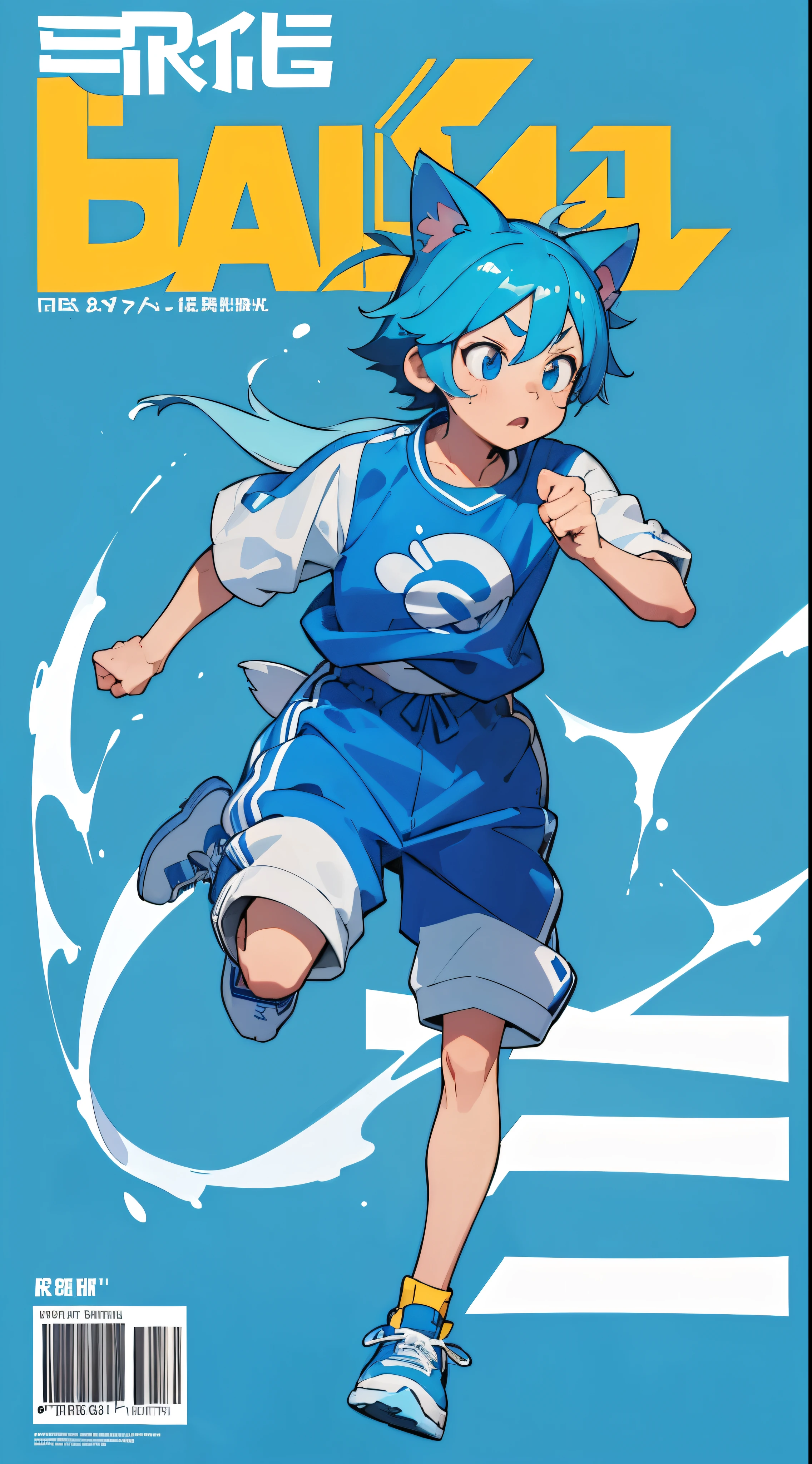 A bright blue dog-themed character, Wearing big sneakers, サイバーパンク, Magazine Cover, Simple Background, Running around, boy, Dog tail, dog ears, raised fist, projected inset, UHD, best quality, highres, 8k