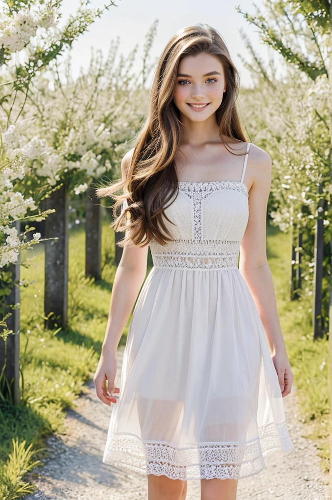 A very pretty brunette 22 years old, long hairstyle, freckles, beautiful eyes, great smile, white slim dress, standing in street in Italy, length of field, professional photography, hasselblad quailty