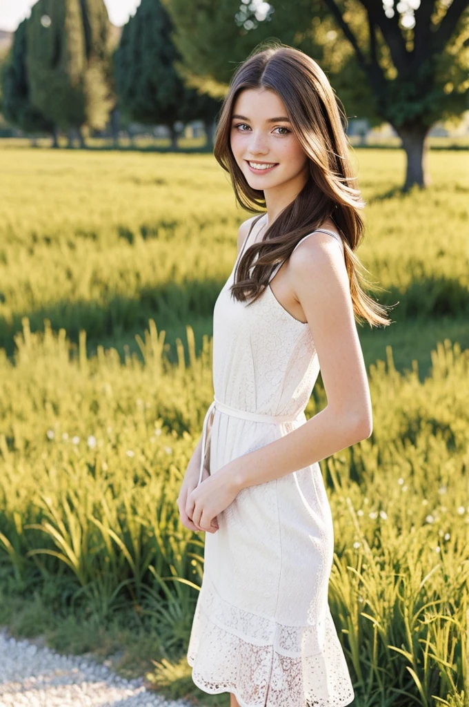 A very pretty brunette 22 years old, long hairstyle, freckles, beautiful eyes, great smile, white slim dress, standing in street in Italy, length of field, professional photography, hasselblad quailty