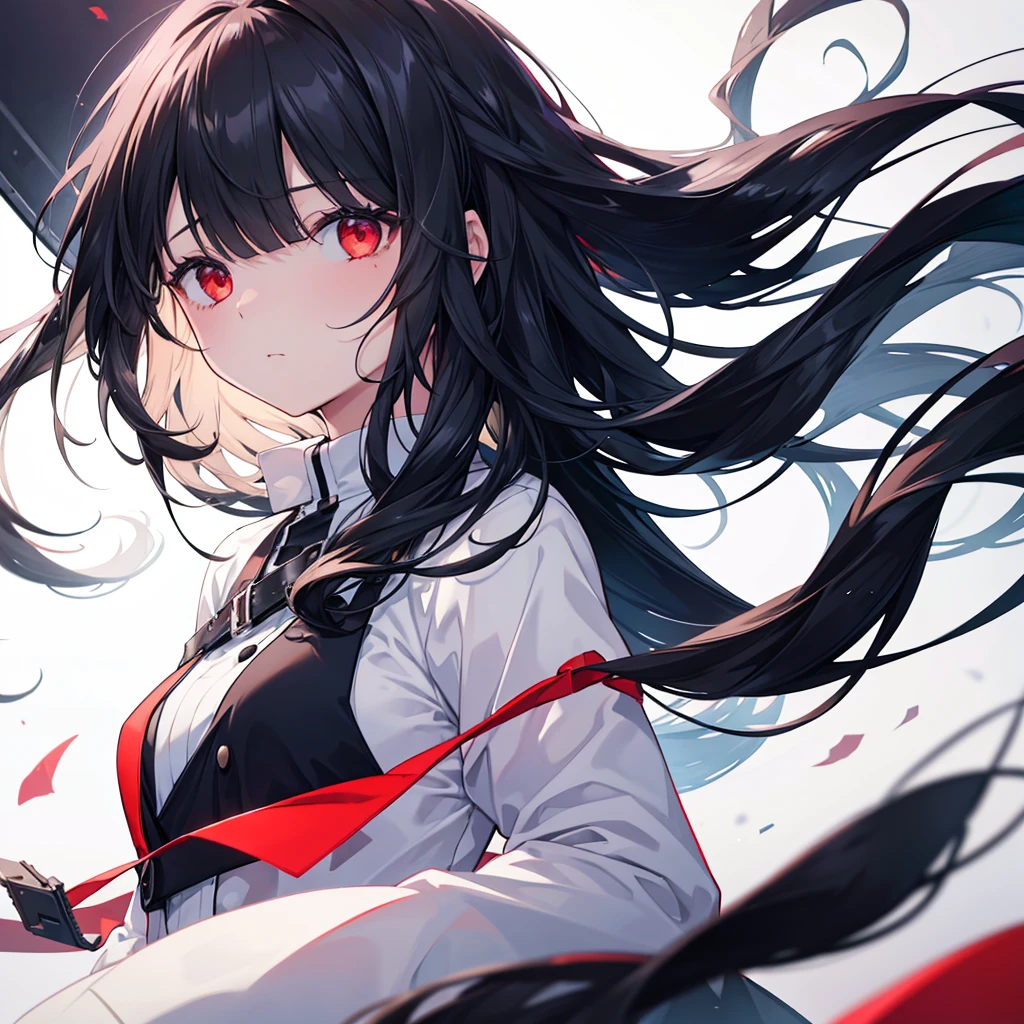 One girl, Long Hair, High resolution, Gaze, Food, Black Hair, Simple Background, Illustration, Hair blowing in the wind, Deco bangs, Red eyes, Sad, cool