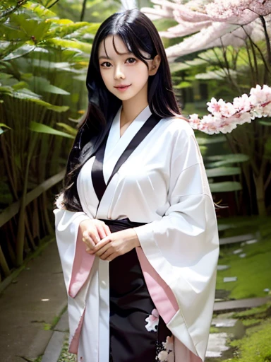 Young asian girl, very long black hair, until the hip, Brown eyes, white fox tail, with a white kimono, with pink cherry blossoms, happy, in a japanese forest, with blue magic in his hands