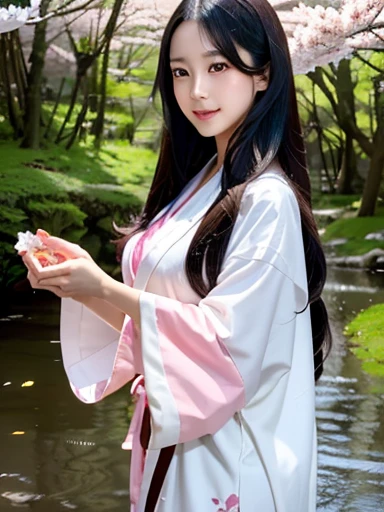 Young asian girl, very long black hair, until the hip, Brown eyes, white fox tail, with a white kimono, with pink cherry blossoms, happy, in a japanese forest, with blue magic in his hands 