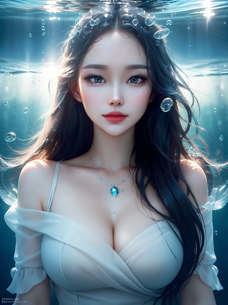 beautiful woman, reality, best quality, portrait, close up, detailed face and eyes, dress, underwater hair physics, air bubbles, ((light coming through water)), solo focus, depth of field, ambient lighting, atmospheric, intricate details, soft light, artstation, ((look at the view, )),look up