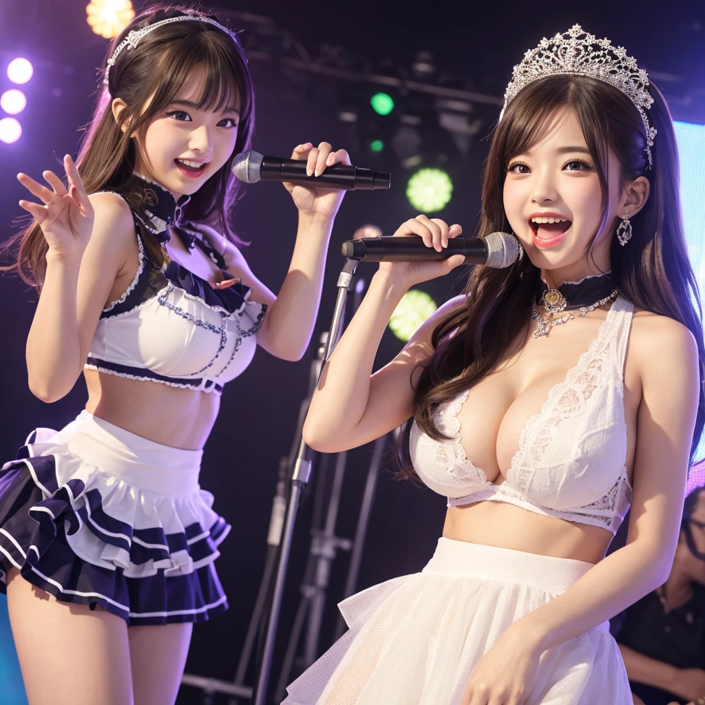 masterpiece, Highest quality, Beautiful face and eyes in every detail, Two Girls, Cute idol, Cool Idol, Event Stage, Cool idol costumes, sing, Laughter,Large Breasts(Huge breasts:1.8)