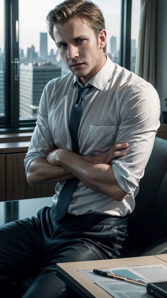 Harvey Specter (Gabriel Macht) from 'Suits' in a luxurious office, clutching his chest in pain, with a distressed expression. The background should be a high-end office with a view of the city. This visual underscores that chronic diseases like heart issues are leading causes of death globall