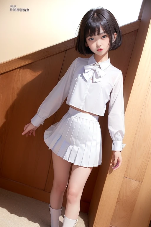 (masterpiece、Highest quality:1.7)、(12 years old:1.5)、(Full body shot:1.7)、((Bobcut、Black Hair))、85mm、16K、Official Art、RAW Photos、Best Beautiful Faces、Close-up、Violet、Gardenia、((The best beautiful girl、very cute))、Red blush on cheeks、((indoor))、(Are standing:1.8)、Film Grain、Chromatic Aberration、Sharp Focus、(((Nice hands、Perfect hands、Perfect Fingers、Thin and delicate fingers、A perfect body without flaws)))、Detailed face、(Slender body:1.5)、(Slim upper body:1.1)、(Small and flat bust:1.7)、(Narrow thighs:1.3)、(Let your bangs hang down:1.8)、(Blushing:1.8)、(Low contrast lighting:1.4)、(襟t付きのwhiteタイトビジネスブラウス:1.5)、((white)Bowtie blouse:1.5)、(Long sleeve: 1.4)、(Very short length(white)Pleated mini skirt:1.8)、((With slits)Pleated mini skirt:1.3)、(Cover your chest with your palms:1.7),(The wind is blowing up her skirt:1.8),(Low angle from below:1.8)