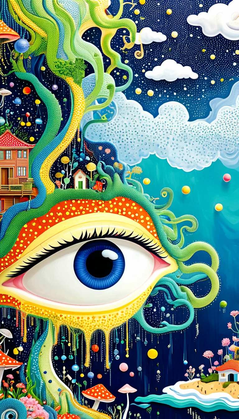 Strong visual fusion of multiple elements,Broto,来自Star的艺术家,house、Eye、Bead curtains、pearl、Star、cloud、Spore powder、Ocean、rain、Tentacles,Describing the inner world of autistic people,密集Pointillism method。Smooth lines。interesting,Strange illustration。Pointillism method。Strong contrast。Award-winning works。
