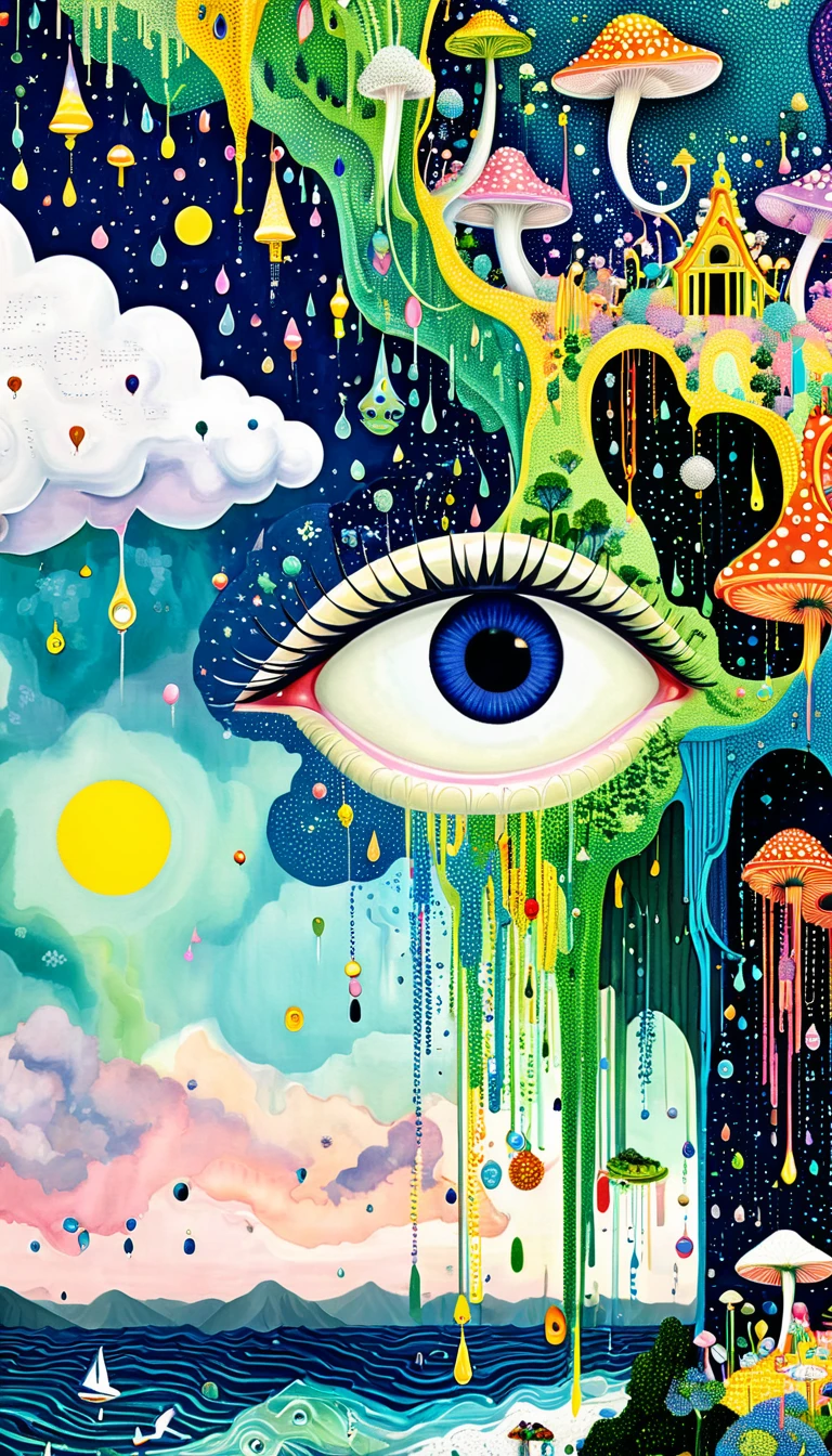 Strong visual fusion of multiple elements,Broto,来自Star的艺术家,house、Eye、Bead curtains、pearl、Star、cloud、Spore powder、Ocean、rain、Tentacles,Describing the inner world of autistic people,密集Pointillism method。Smooth lines。interesting,Strange illustration。Pointillism method。Strong contrast。Award-winning works。